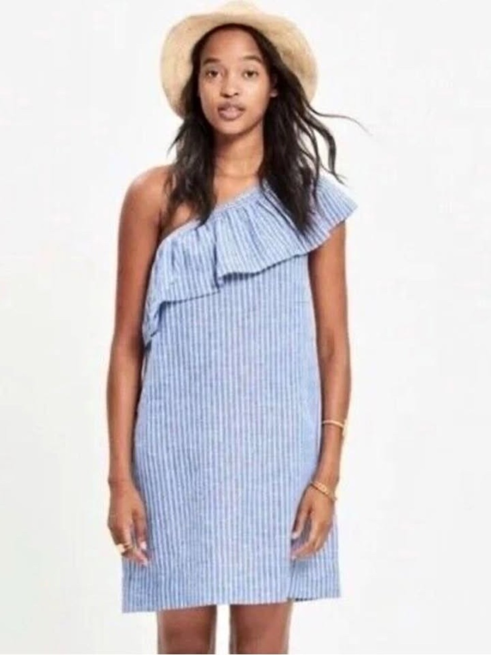 Madewell One Shoulder Ruffle Linen Cotton Striped Dress Blue White Pockets